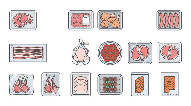 Assorted fresh meat and fish in plastic trays.