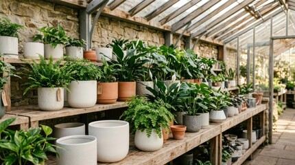Fototapeta premium Potted Green Plants on Wooden Shelves inside a Greenhouse.