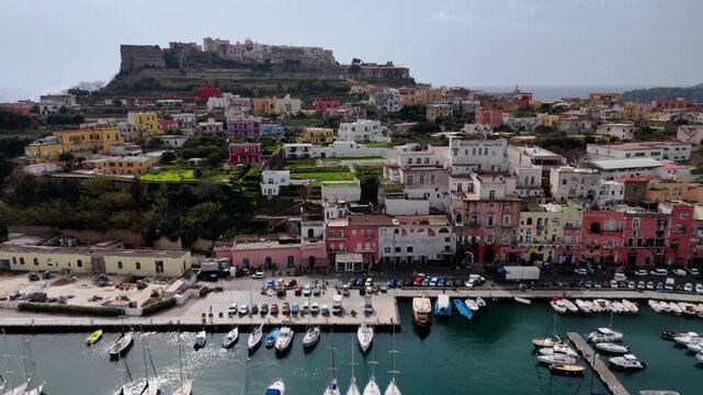 Aerial Drone View of Procida Island, Iconic Mediterranean Travel Destination