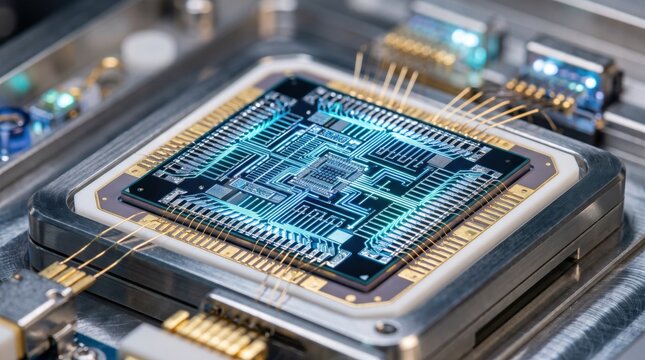 High tech microprocessor chip with glowing blue circuit pathways on electronic board, close up view of modern semiconductor technology and computing hardware components for indu...