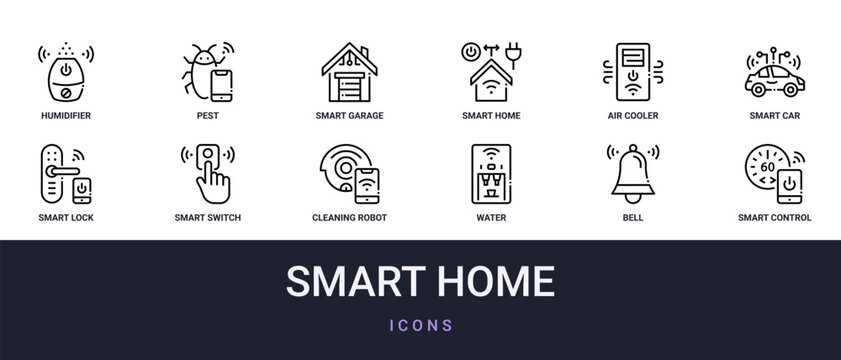 Set of 12 outline web Smart Home icons such as smart control, bell, water dispenser, cleaning robot, smart switch, smart lock, car vector icons for report, presentation, diagram, web design, mobile