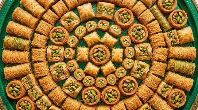 Top view of traditional middle eastern baklava sweets arranged in a circular pattern on a green serving tray