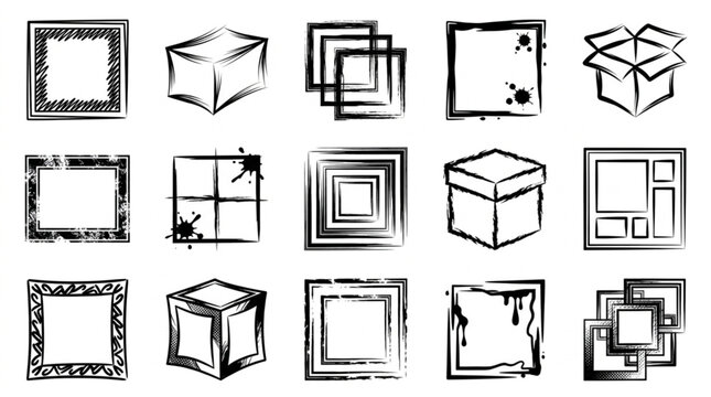 Hand Drawn Sketch Collection of Boxes and Frames.