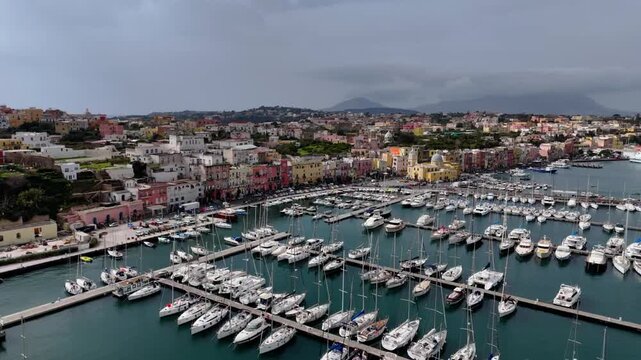Aerial Establishing Shot of Procida Island Cityscape, Italy Mediterranean Coast