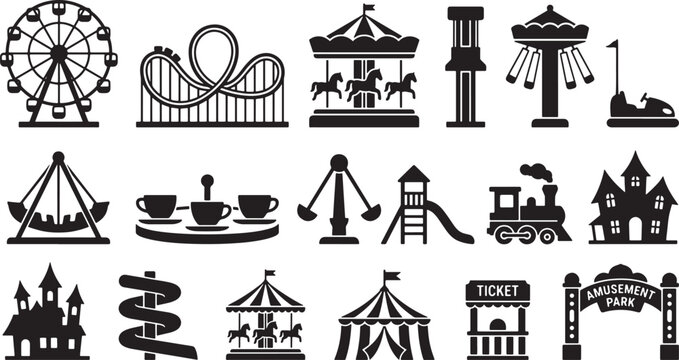 Amusement park ride icons set featuring ferris wheel roller coaster carousel and carnival attractions in flat black vector style