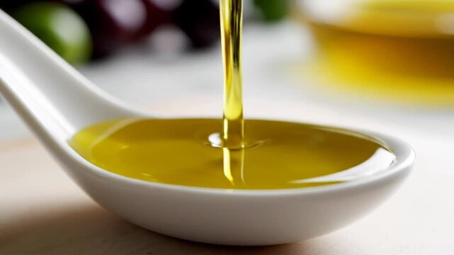 Close-up of golden extra virgin olive oil being poured into a white ceramic spoon, capturing the liquid motion and texture against a blurred background of fresh olives.