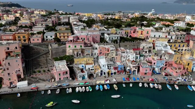 Aerial Drone View of Colorful Cityscape on Procida Island, Italy Mediterranean