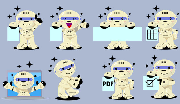 Cute AI Robot Character Set with Various Poses for Business and Technology Vector Illustration