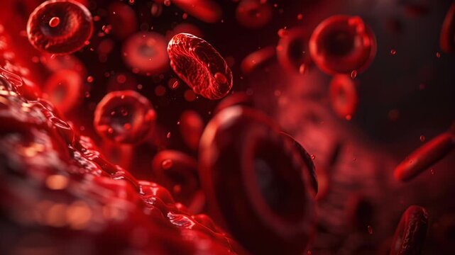 Close-up of red blood cells floating inside human blood vessel