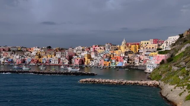 Aerial Drone View of Iconic Procida Island, Colorful Mediterranean Town in Italy