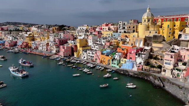 Aerial Drone View of Procida Island Coastal City Scenery, Italy