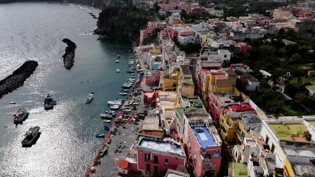Aerial Drone View of Colorful Houses on Procida Island from Above, Italy