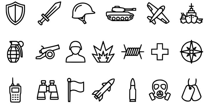 Set of minimalist military war and combat line icons on white background