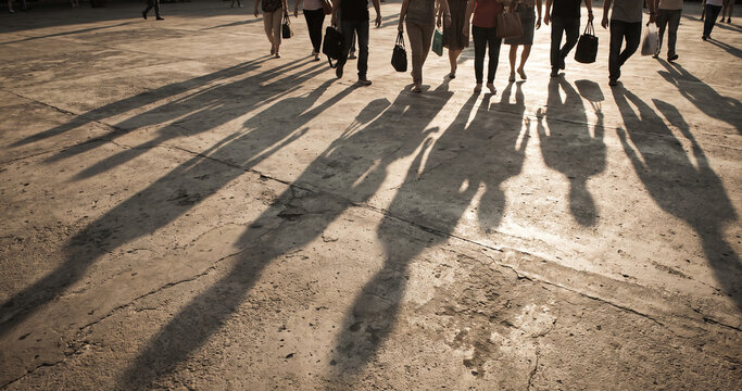 Long shadows of group of pedestrians walking in a row at sunset