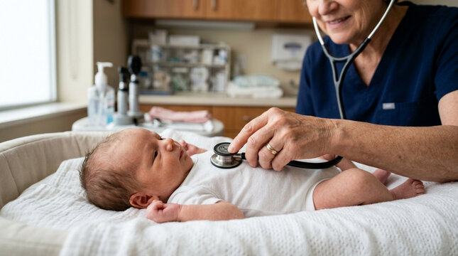 Pediatrician examining newborn baby with stethoscope in examination room