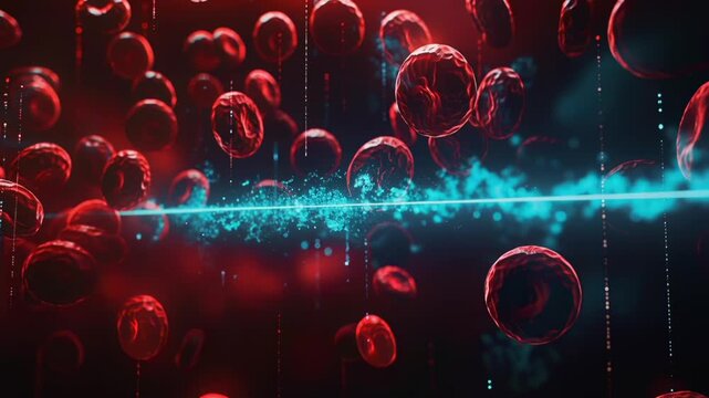 Microscopic view of red blood cells with a glowing digital laser scanner passing through