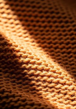 Close up of soft wool fabric showing detailed knit weave pattern and cozy fuzzy texture illuminated by gentle warm natural sunlight beams, surface, warm, focus