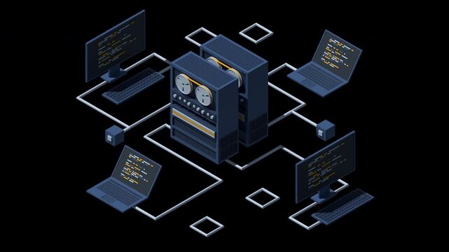 3D isometric server connecting computers animation. Network connection. Computing internet digital technology. Web hosting concept. Isometric technology. Transparent background with alpha channel