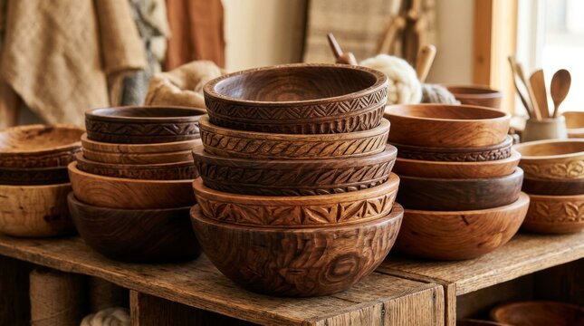 Rustic handcrafted wooden bowls displayed on a vintage wooden table in a workshop.