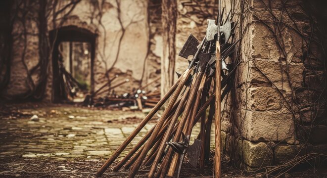 Abandoned rusty medieval axes leaning against ancient stone wall in overgrown ruins, historical mystery concept