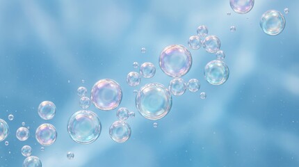 Obraz premium Abstract background with realistic iridescent soap bubbles floating in blue sky, symbolizing purity, freshness, and fragility for creative design and conceptual projects
