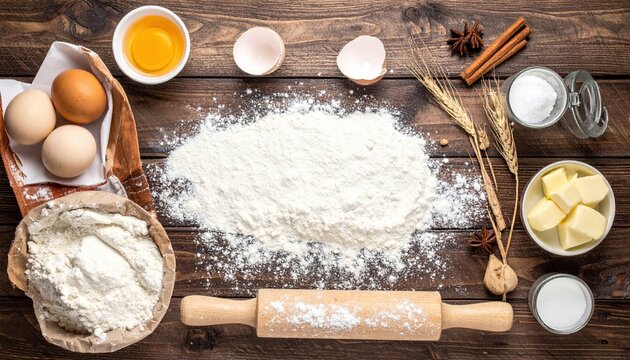 Baking ingredients on wooden table