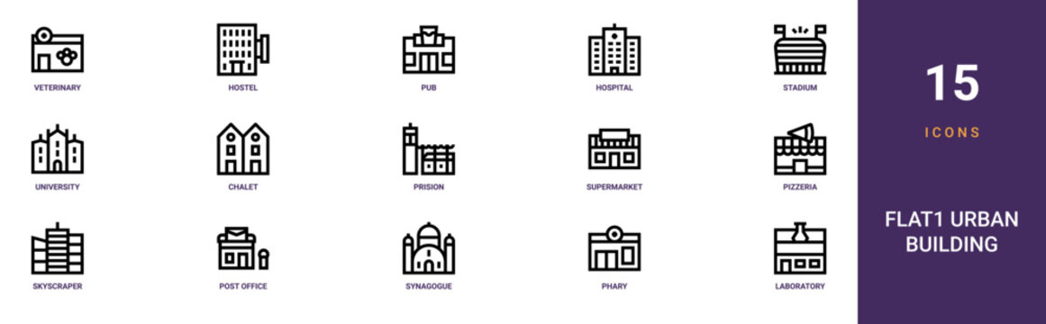 Set of 15 outline web Flat1 Urban Building icons such as laboratory, phary, synagogue, post office, skyscraper, pizzeria, supermarket vector icons for report, presentation, diagram, web design,