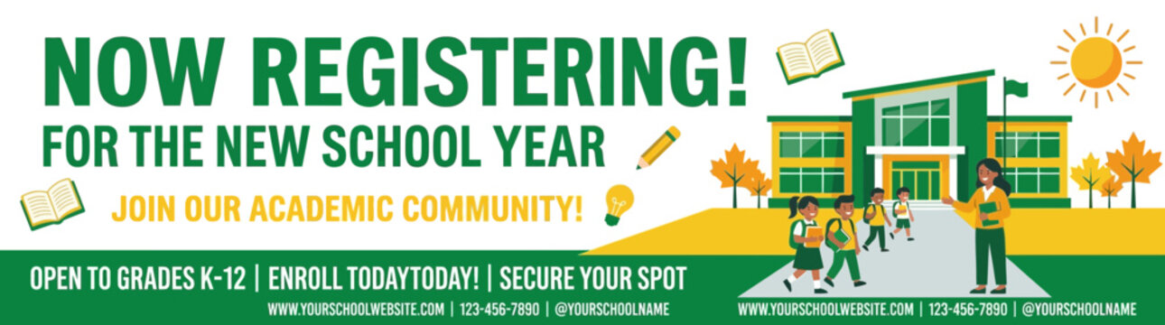 School Enrollment Banner Template with Happy Students and Campus