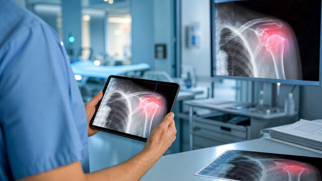 Generative AI medical workflow image of tablet image review in a modern hospital ward. Faceless radiology staff use diagnostic imaging technology in a professional healthcare setting.