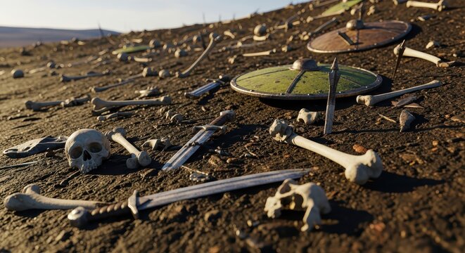 Ancient battlefield aftermath: scattered human skeletons, medieval swords, and round shields lying on dry earth