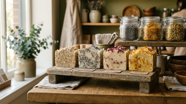 Handmade Artisan Soap Bars Displayed in a Rustic Country Shop.