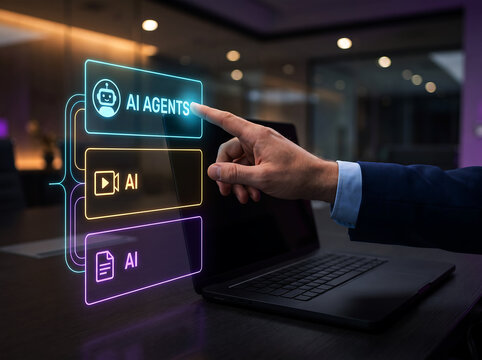 AI agents for automation and data processing in video and document analysis on futuristic interface.
