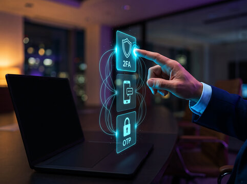 Businessman interacting with digital interface showing security icons for 2FA OTP and mobile phone protection.