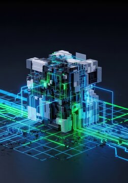 Intricate digital architecture featuring fragmented data blocks and glowing grid lines to represent complex virtual engineering obstacles, network, circuit, pixel