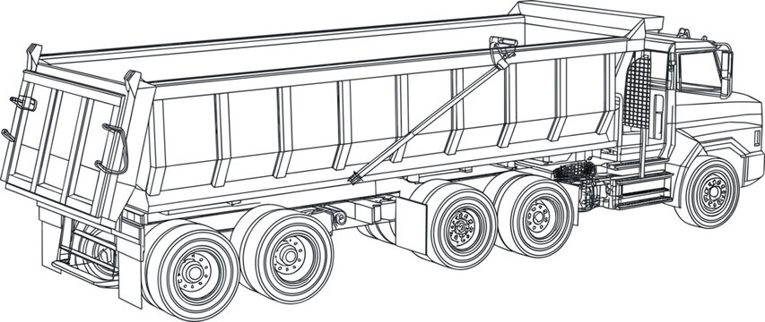 Dump truck vector blueprint, heavy construction tipper vehicle outline illustration for industrial haulage machinery