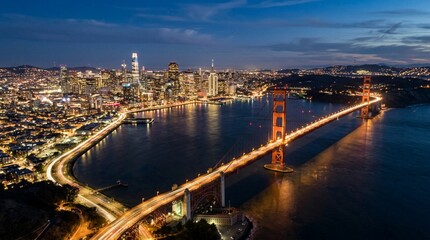 Obraz premium Stunning Aerial Night View of San Francisco Skyline and Golden Gate Bridge with Illuminated City Lights
