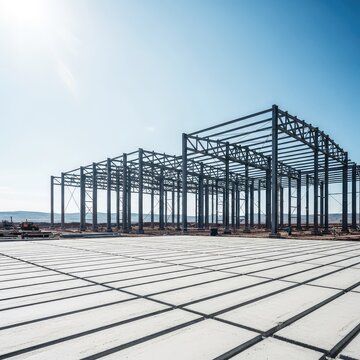 Large industrial project site featuring steel girders and a concrete foundation across a vast open landscape under a clear bright sky, manufacturing, daylight, storage