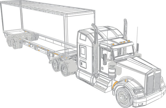 Container chassis semi truck blueprint vector, heavy commercial freight transport vehicle outline illustration