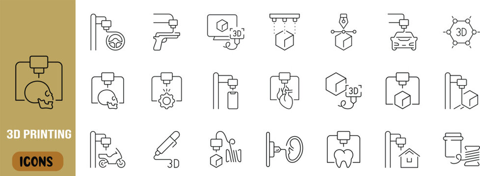 3d printing technology vector icons. gun icon set, car icon set, skull icon set