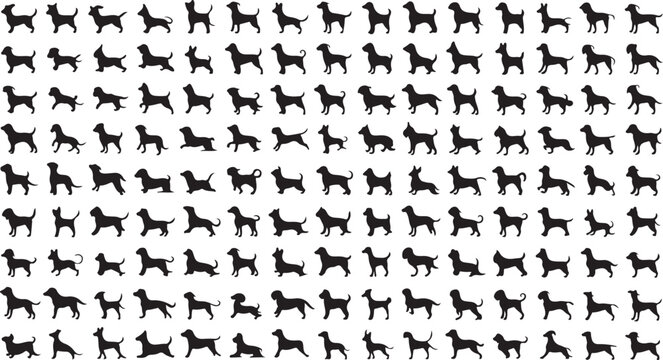 Extensive collection of black silhouette dog breeds in various poses and actions showcasing a wide variety of canine forms and movements Keywords: dogs, dog breeds, silhouettes