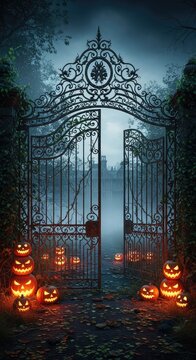 Maestoso cancello in ferro di una tenuta abbandonata con zucche intagliate e illuminate nella nebbia durante una notte buia e misteriosa, jack-o-lantern, mistero, gotico