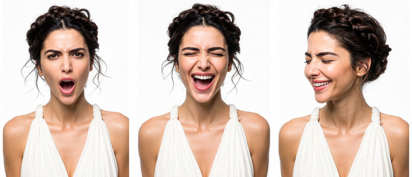 Triptych portrait of a woman with braided hair expressing anger, loud laughter, and amusement against a clean white background