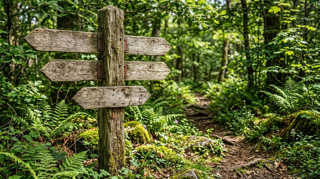 Forest signpost with multiple wooden arrows and path through lush greenery