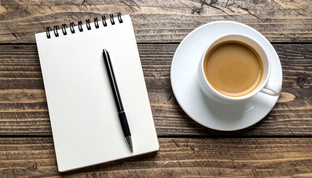 blank notebook beside coffee cup