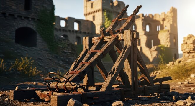 Ancient catapult siege weapon in ruins of medieval castle, historical battlefield artifact