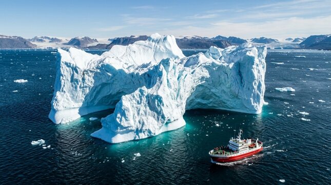 Massive white iceberg floating in the Arctic ocean with a small red expedition ship for scale