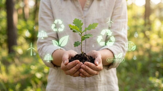Sustainable development concept, hands holding a young oak tree sapling with green energy icons like solar panels and wind turbines, symbolizing environmental protection and cli...