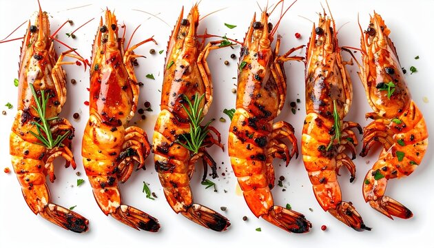 Seafood collection featuring grilled tiger prawns isolated on white