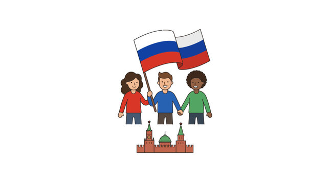 Multicultural Children Holding Russian Flag Over Kremlin Landmark Illustration