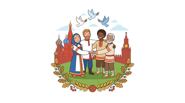 Multicultural Group in Traditional Russian Clothing with Moscow Kremlin Background